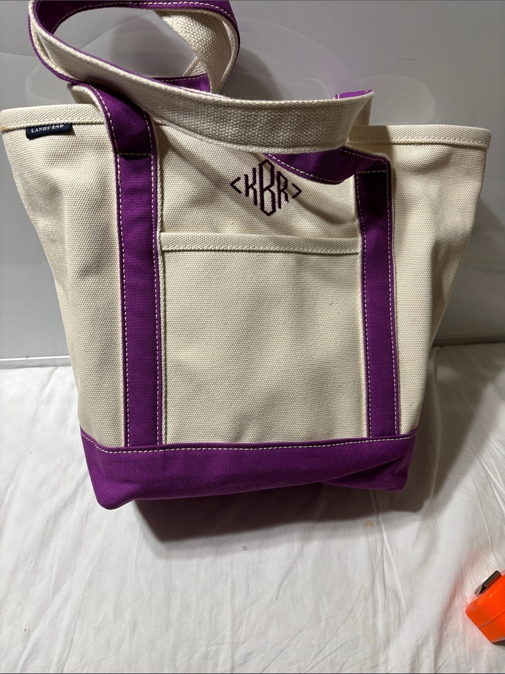 Lands' End Cream Canvas Tote with Purple Trim